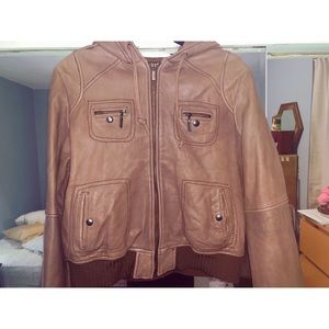 Brown leather Michael Kors hooded jacket